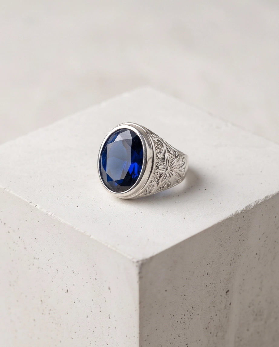 Cobalt Blue Oval-Cut Gemstone Filigree Silver Ring
