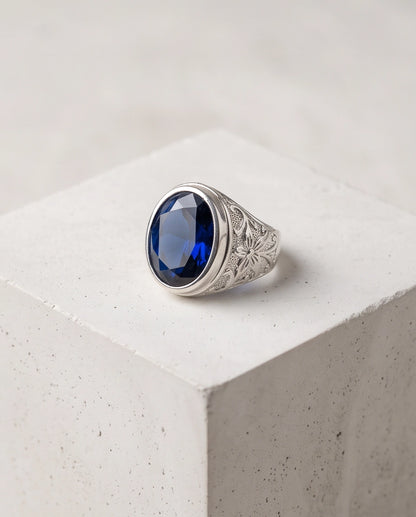 Cobalt Blue Oval-Cut Gemstone Filigree Silver Ring