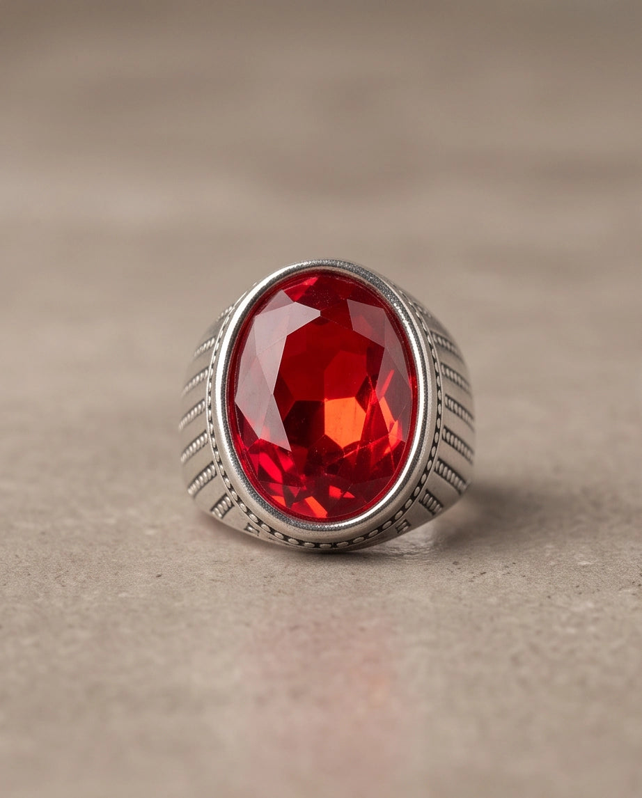 Ruby Gemstone Beaded Surround Vertical Ribbed Silver Ring