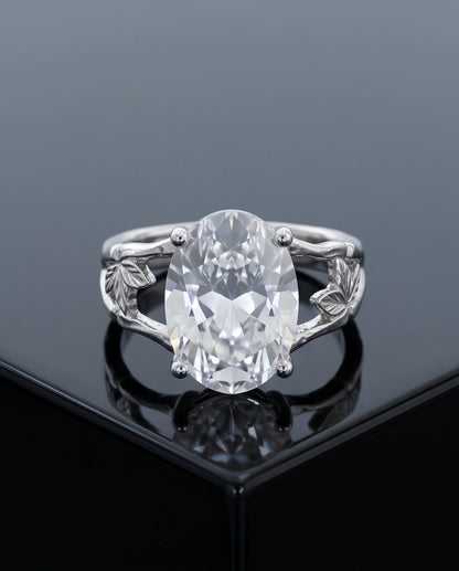 Silver Oval Quartz Botanical Solitaire Ring
