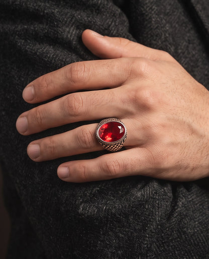 Ruby Gemstone Beaded Surround Dragon-Scale Silver Ring