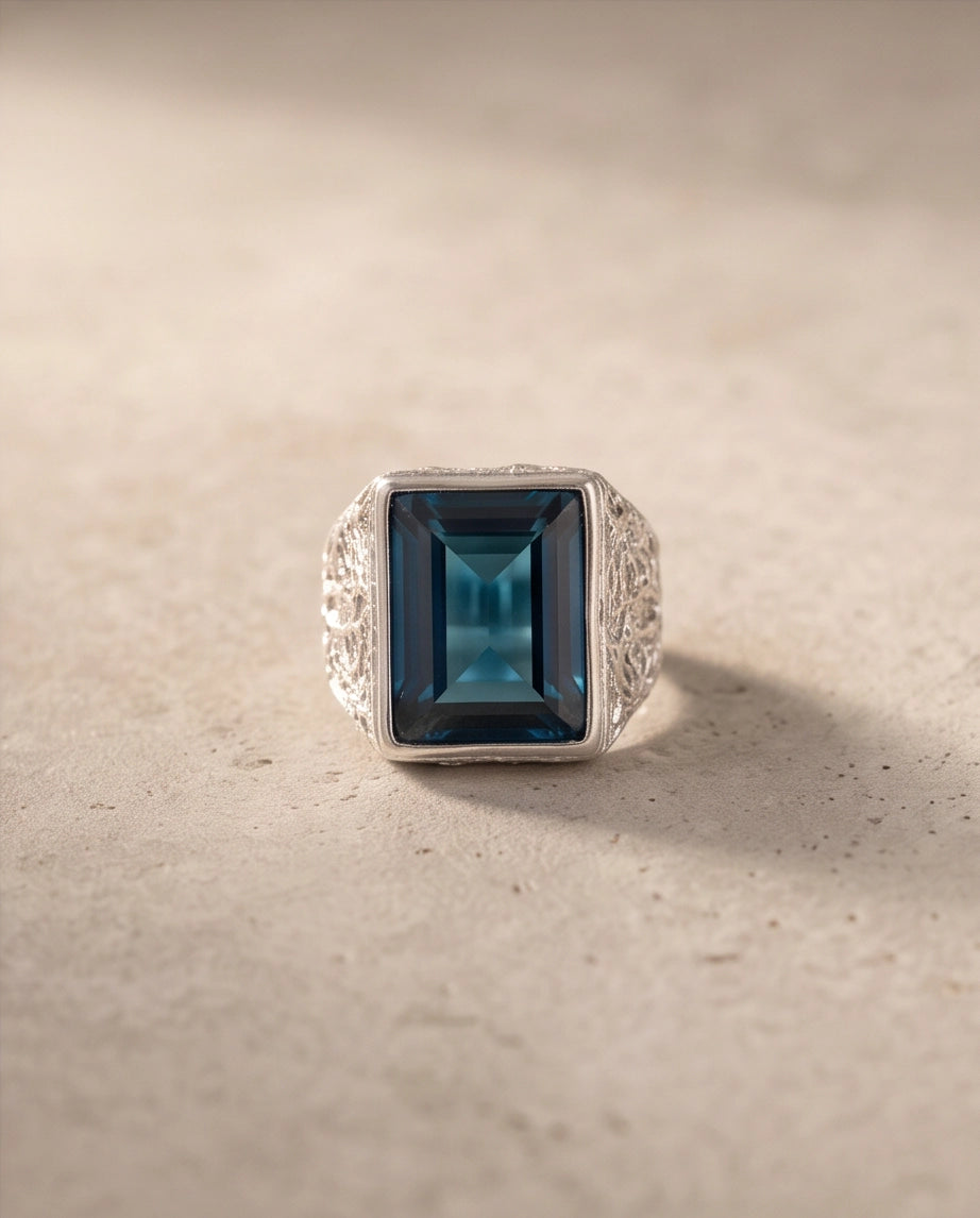 Ocean Blue Emerald-Cut Gemstone Stippled Silver Ring