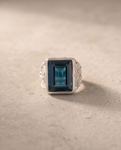 Ocean Blue Emerald-Cut Gemstone Stippled Silver Ring