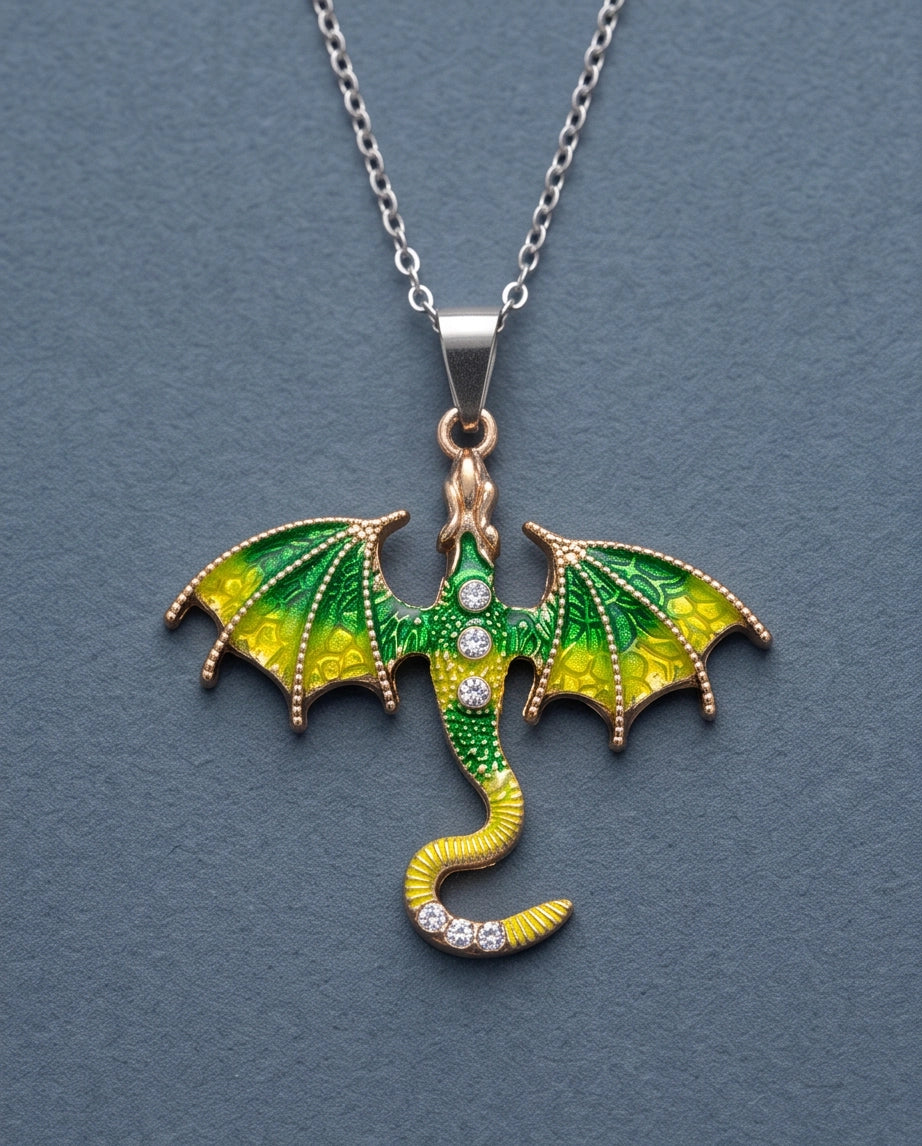 Gold Green Enamel Dragon Wyvern Pendant Necklace