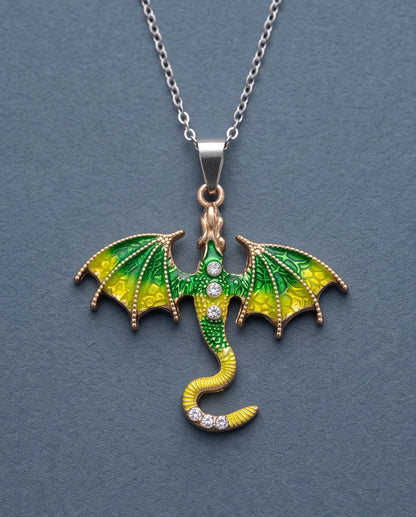 Gold Green Enamel Dragon Wyvern Pendant Necklace