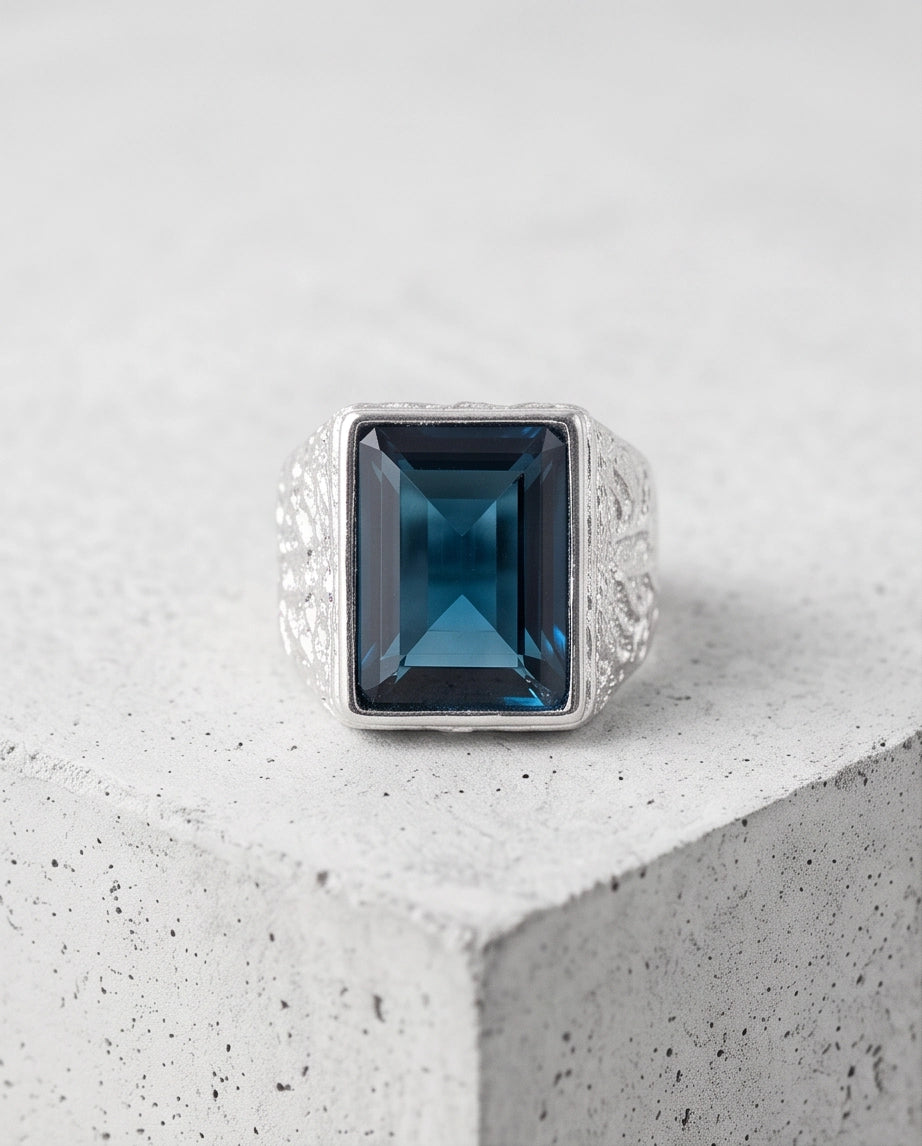 Ocean Blue Emerald-Cut Gemstone Stippled Silver Ring