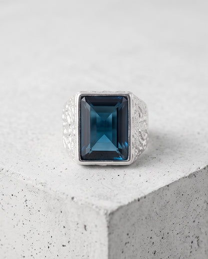 Ocean Blue Emerald-Cut Gemstone Stippled Silver Ring