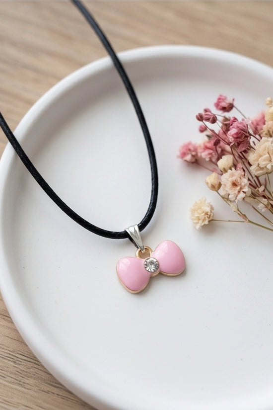 Charming Pink Bowknot Enamel Pendant Necklace with Crystal Center