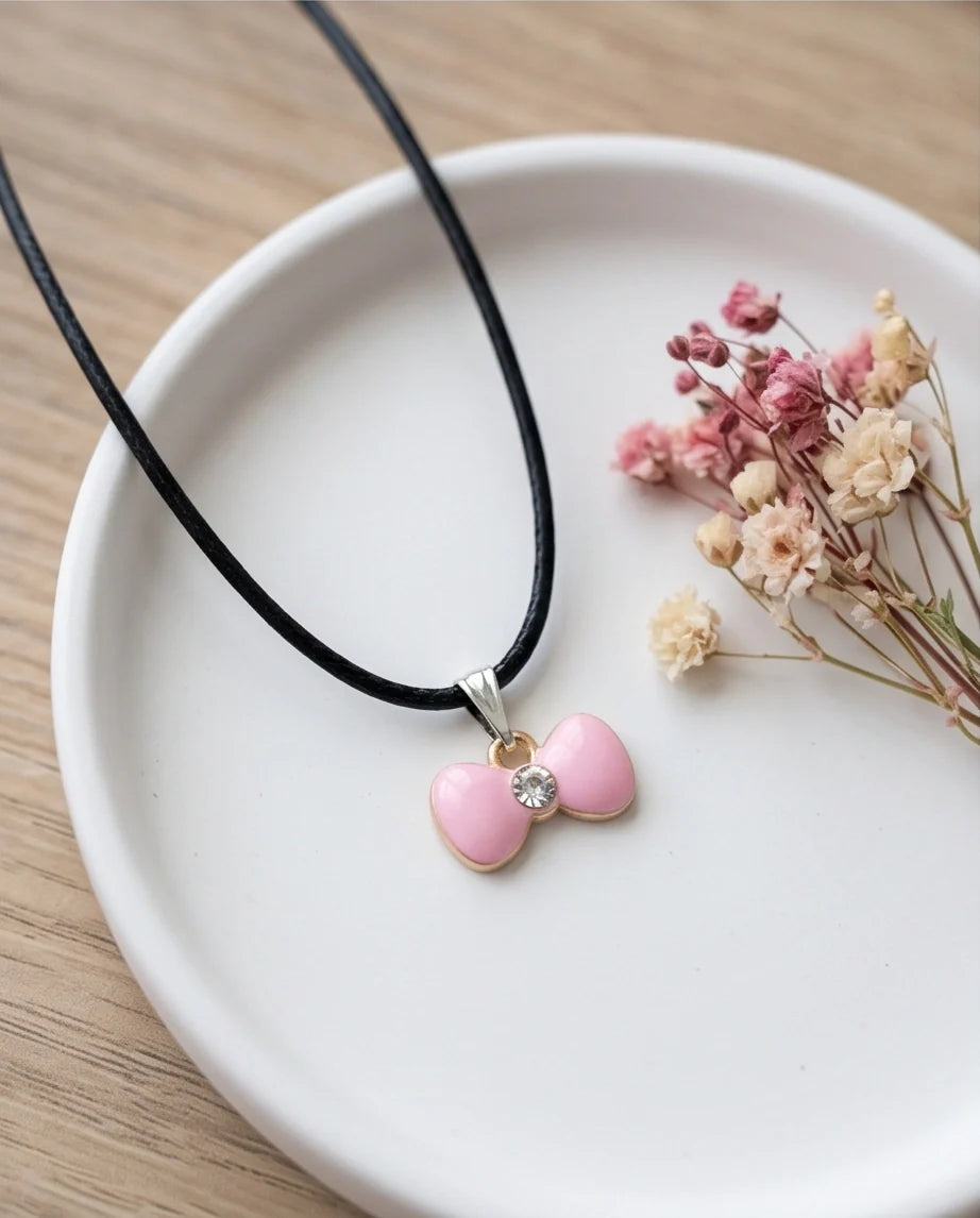 Charming Pink Bowknot Enamel Pendant Necklace with Crystal Center