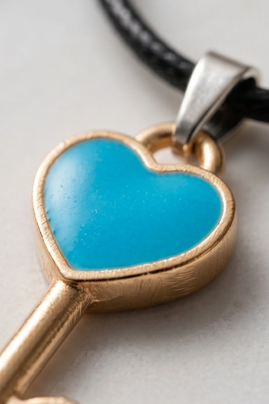 Gold and Turquoise Heart Key Pendant Necklace