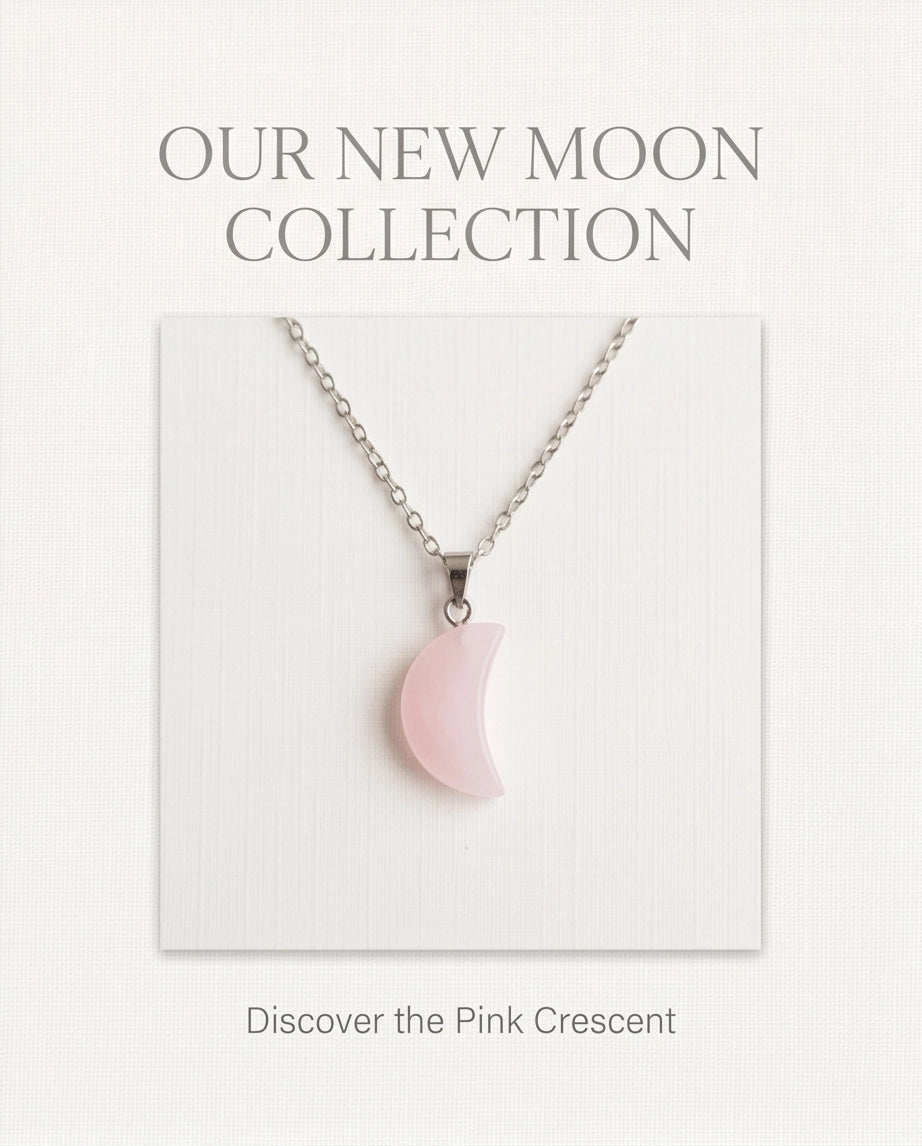 Silver Rose Quartz Pink Crescent Moon Pendant Necklace