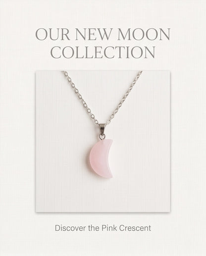 Silver Rose Quartz Pink Crescent Moon Pendant Necklace