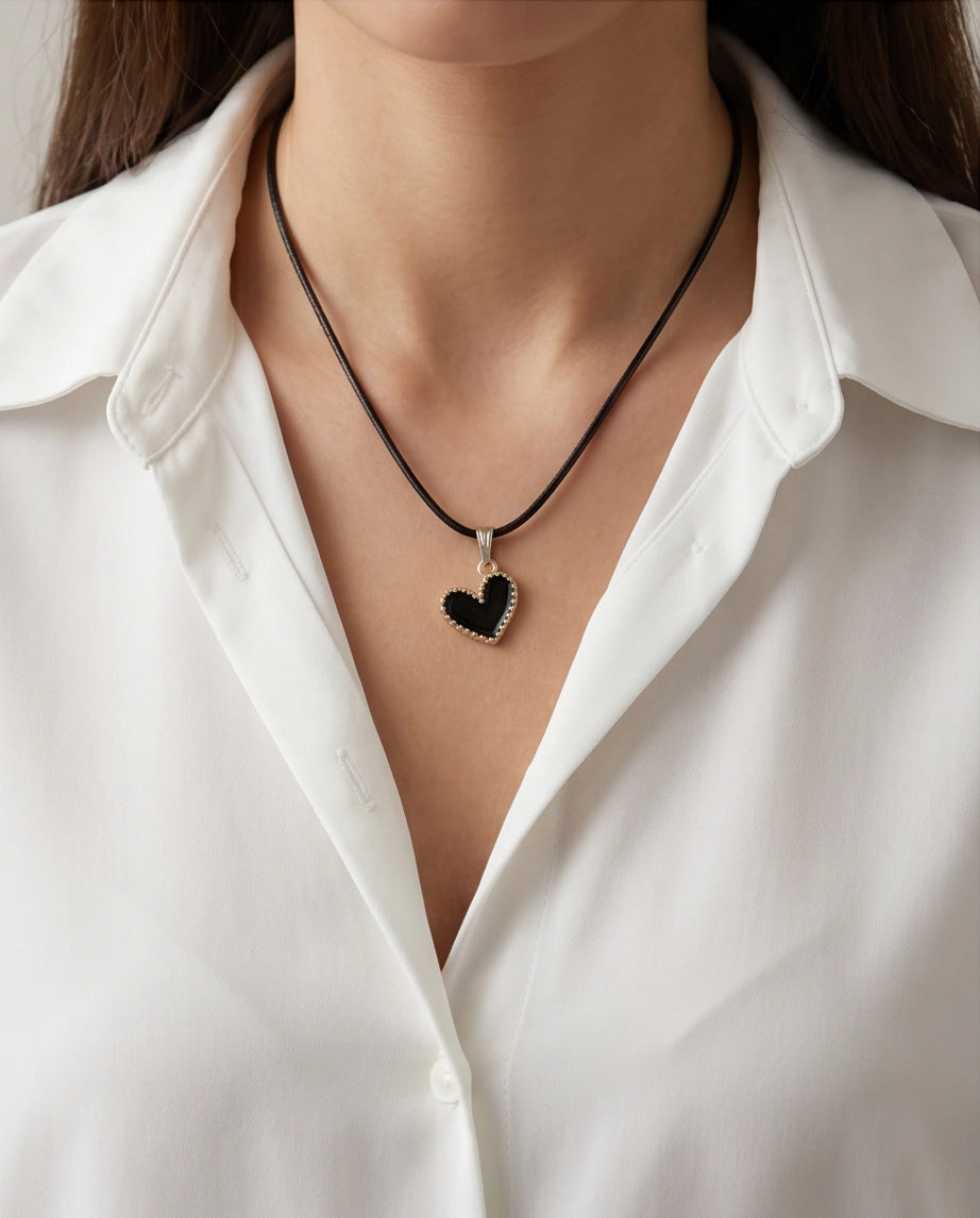 Gold Beaded Black Enamel Heart Necklace
